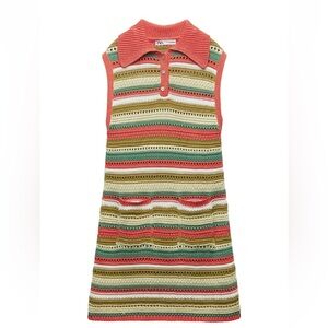 Zara Coral Stripe Crochet Knit Dress with Green & Cream Accents